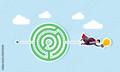 Super businessman flies through a maze holding a lit lamp, illustration of overcoming pressure with business ideas and innovations