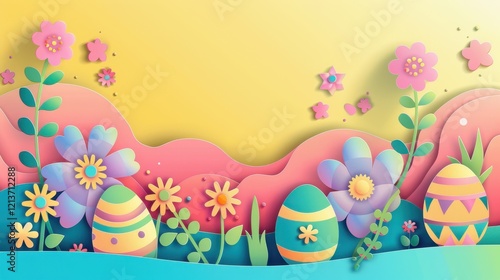 Lively Abstract Easter Illustration with Colorful Flowers and Eggs