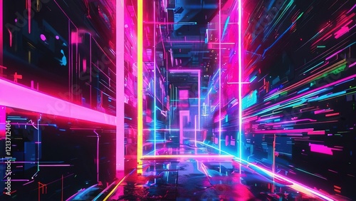 Neon city corridor, vibrant lights, futuristic landscape, digital art, sci-fi background