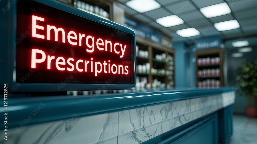 A vibrant red neon sign reading 'Emergency Prescriptions' stands out in a modern pharmacy setting, emphasizing urgency and care. A vibrant red neon sign reading 'Emergency Prescriptions' stands out in a modern pharmacy setting, emphasizing urgency and care.