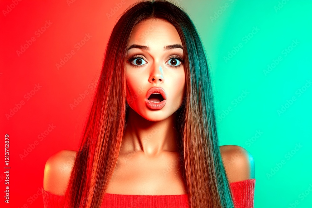 Fototapeta premium Long coiffure - straight hair. Commercial commercial idea. Stunning very amazed mixed-race girl - for ads, brochure and social media use. African american hair concepts inspiration.