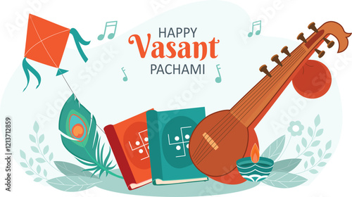 Happy Vasant Panchami Illustration with Musical Instruments and Kite Combines kites and Saraswati’s veena to depict Vasant Panchami celebrations.