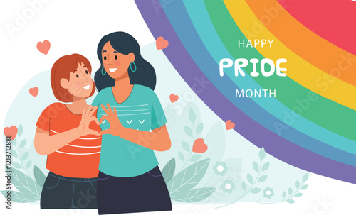 Happy Pride Month Celebration with Rainbow and Love Illustration Celebrates Pride Month with a rainbow and love-themed visuals.