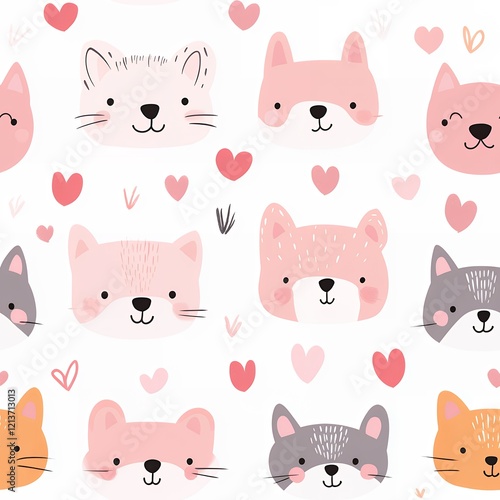 Cute Animal Faces Pattern with Hearts, Perfect for Children's Design