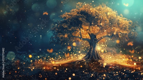 Enchanted Fantasy Tree with Magical Effects in Abstract Background