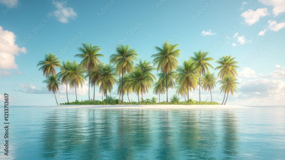 Small tropical island with palm trees surrounded by calm ocean water Small tropical island with palm trees surrounded by calm ocean water