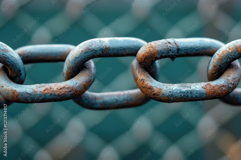 Rusted chain links against a blurred green background in an outdoor setting showcasing weathered metal texture Rusted chain links against a blurred green background in an outdoor setting showcasing weathered metal texture