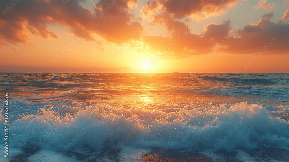 Obraz premium Vibrant sunset over ocean waves with dramatic clouds