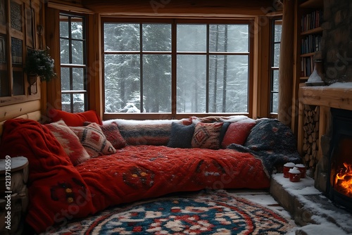 Cozy cabin with snow view, fireplace, and red cushions.