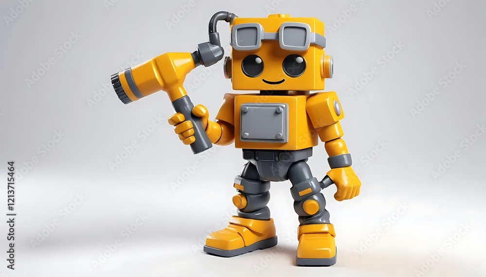 Cute Yellow Robot Holding Power Tool 3d Render Cute Yellow Robot Holding Power Tool 3d Render
