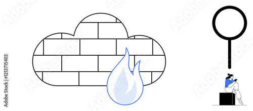 Cloud composed of brick firewall and a flame, large magnifying glass, individual examining data on a device. Ideal for cybersecurity, cloud computing, data protection, tech analysis, online privacy