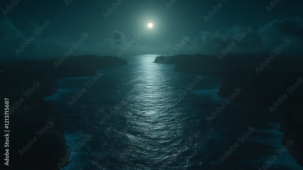 Obraz premium Moonlit Ocean Passage Between Dark Cliffs At Night