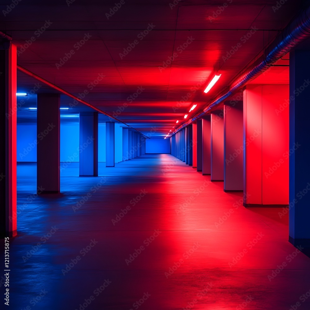 Striking Symmetrical Hallway in Vibrant Red and Blue Lighting Striking Symmetrical Hallway in Vibrant Red and Blue Lighting