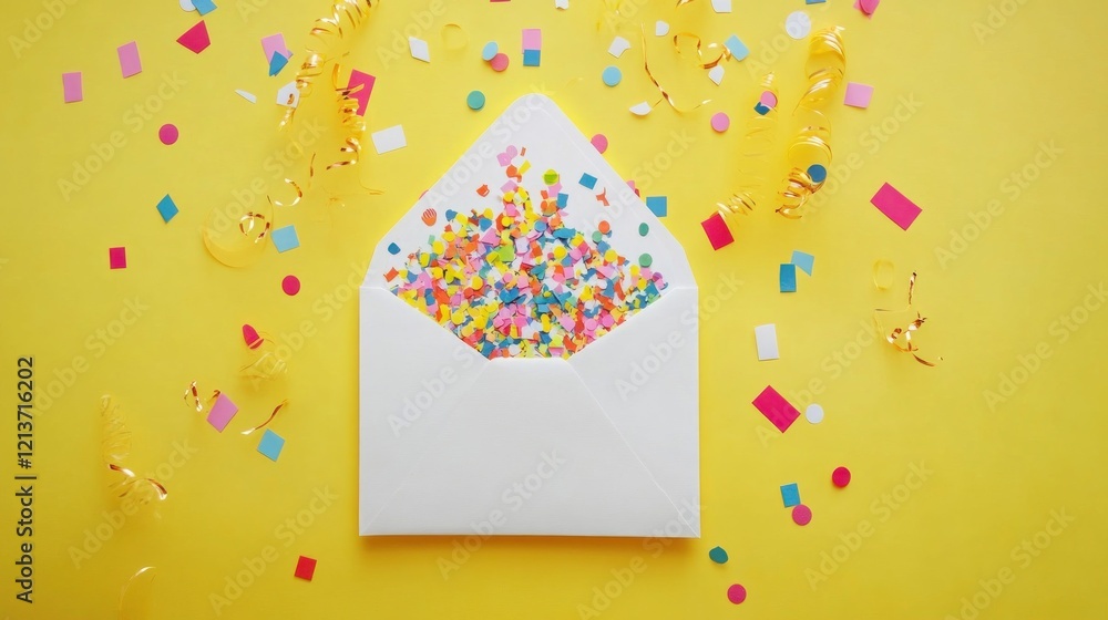Festive confetti spills from envelope on yellow Festive confetti spills from envelope on yellow