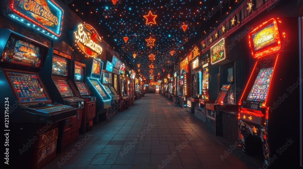Neon-Lit Arcade Hall with Slot Machines and Decorations Neon-Lit Arcade Hall with Slot Machines and Decorations