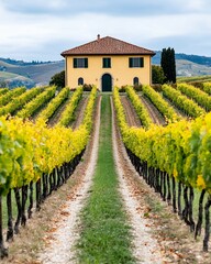 Crédence de cuisine  Serene Yellow Farmhouse nestled amongst Lush Grapevines in a Picturesque Vineyard Landscape  © Creative Library 