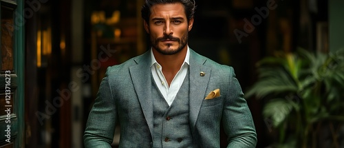 Handsome man in teal three-piece suit.