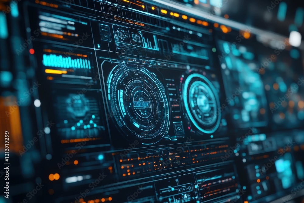 Futuristic digital display showing complex data analytics with vibrant blue and orange hues in a high-tech environment Futuristic digital display showing complex data analytics with vibrant blue and orange hues in a high-tech environment