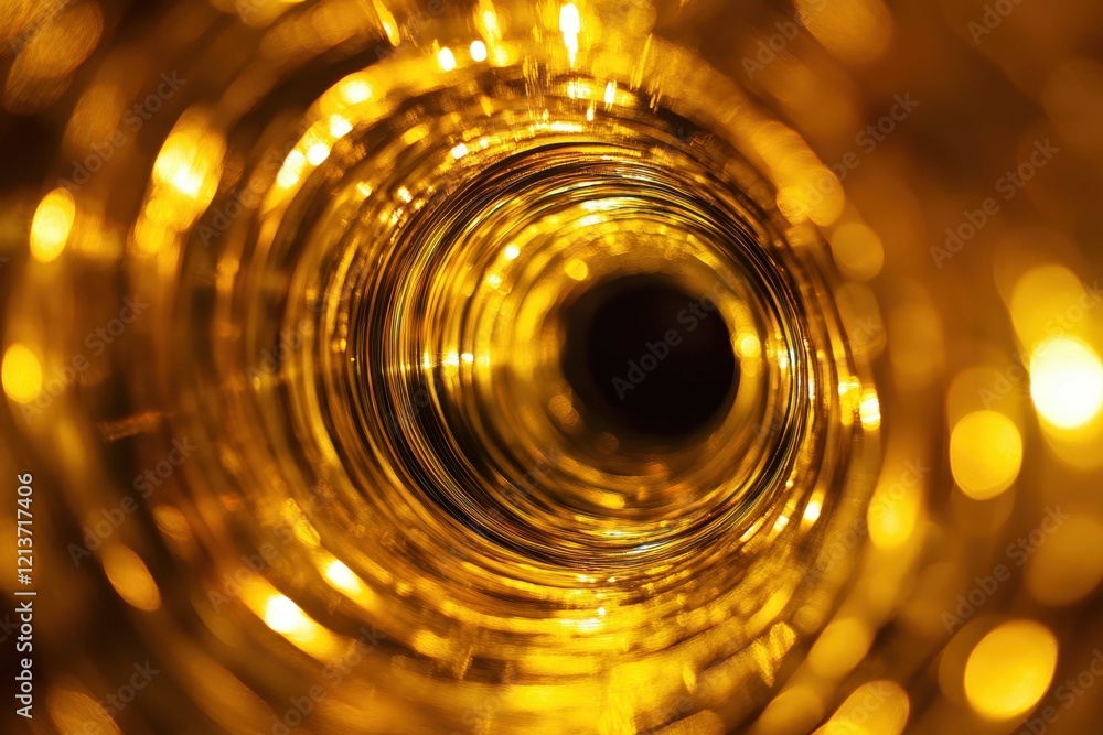Light reflects through a swirling glass tube creating golden patterns in a mesmerizing display Light reflects through a swirling glass tube creating golden patterns in a mesmerizing display