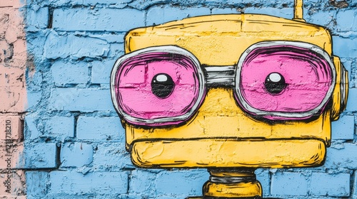 Whimsical Robot Graffiti Art on Brick Wall: Playful Pixelated Illustration