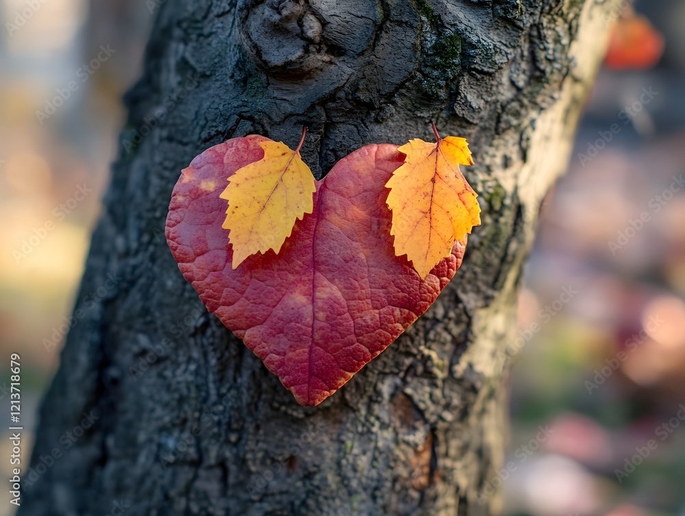 Heart Shaped Autumn Leaf Nestled on Tree Bark with Warm Tones Heart Shaped Autumn Leaf Nestled on Tree Bark with Warm Tones