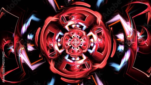 Red fluids, vibes moving, forming different shapes on dark. Abstract geometrical background transformation of fractal changes and metamorphoses. Glowing colorful streams flowing. 4K UHD 4096x2304 photo