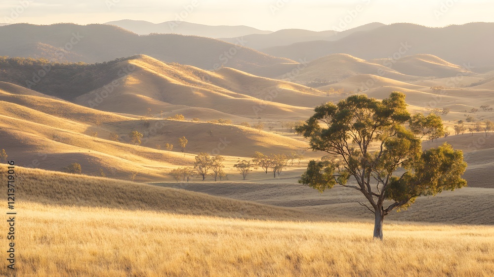 Obraz premium Golden Sunrise Over Rolling Hills with a Lone Tree in Focus, Evoking Tranquility and Harmony with Nature