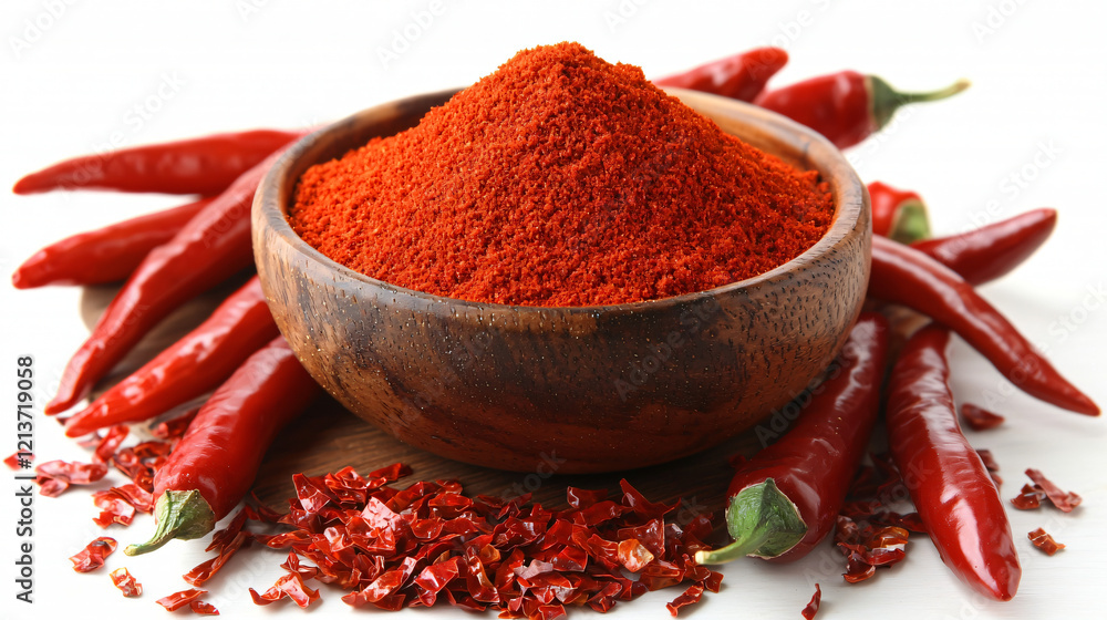 A top-down view of a small bowl of red chili powder surrounded by fresh red chilies and chili flakes A top-down view of a small bowl of red chili powder surrounded by fresh red chilies and chili flakes