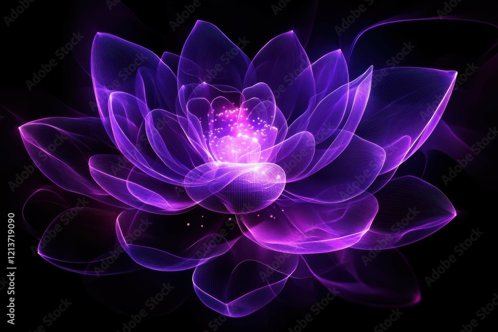 Obraz premium Vibrant purple lotus flower glowing in a dark background showcasing mesmerizing light patterns