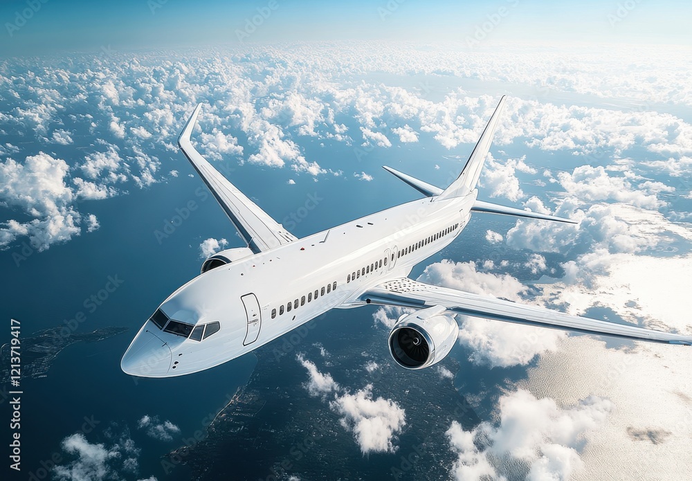 Aerial View of a Sleek White Airplane Flying Above the Clouds Over a Beautiful Ocean and Coastline, Captured in Bright Daylight for Travel and Aviation Themes Aerial View of a Sleek White Airplane Flying Above the Clouds Over a Beautiful Ocean and Coastline, Captured in Bright Daylight for Travel and Aviation Themes
