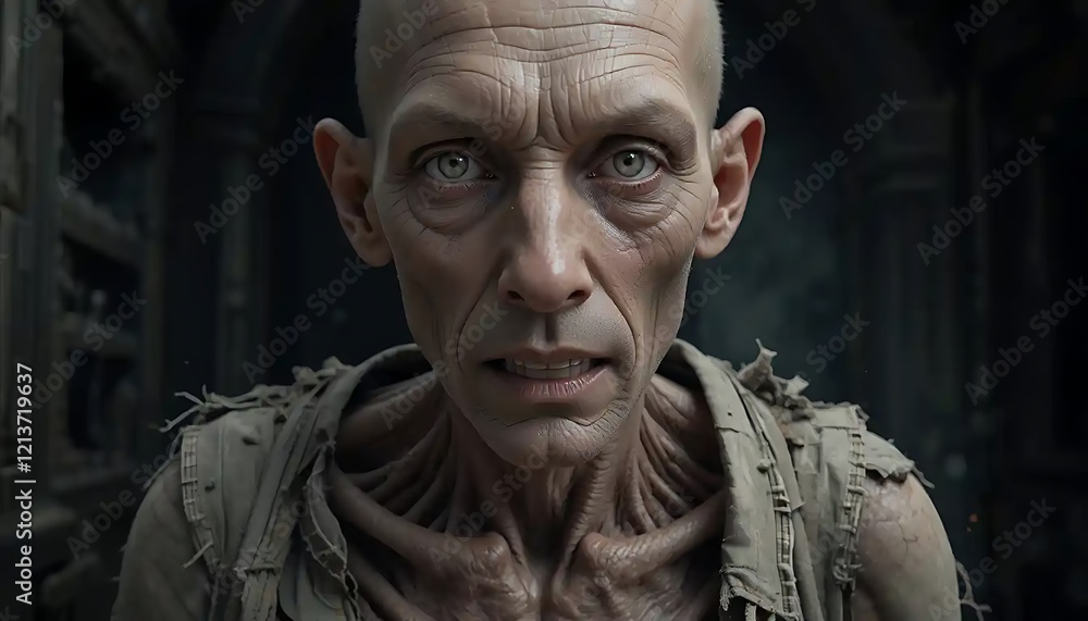A Close-Up of a Gaunt, Weathered Man, Possibly from a Video Game or Film Still; Intense Gaze and Worn Clothing A Close-Up of a Gaunt, Weathered Man, Possibly from a Video Game or Film Still; Intense Gaze and Worn Clothing