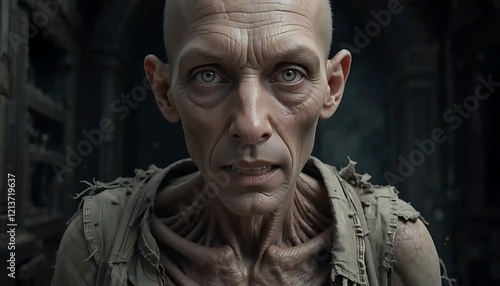 A Close-Up of a Gaunt, Weathered Man, Possibly from a Video Game or Film Still; Intense Gaze and Worn Clothing