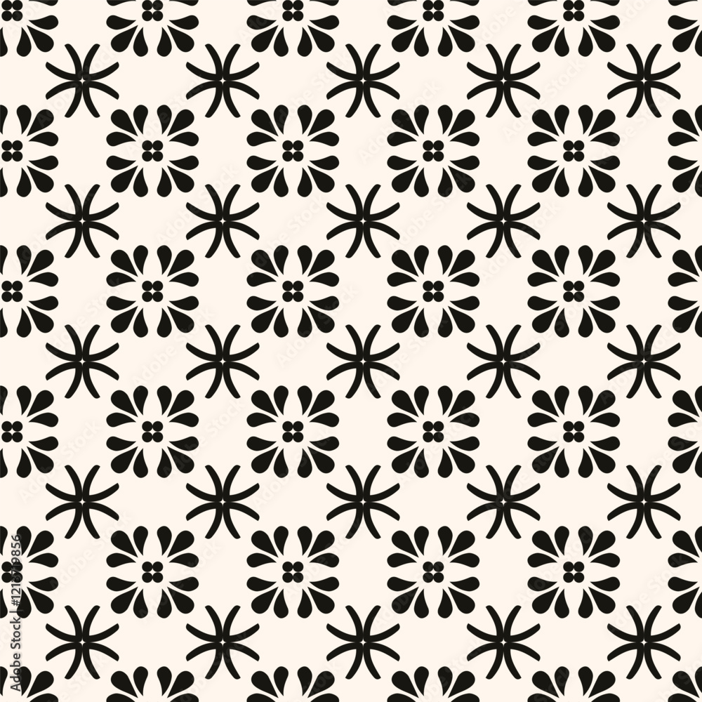 Simple minimalist geometric seamless pattern. Abstract monochrome minimal background with small floral shapes. Subtle repeat design for decor, print. Simple minimalist geometric seamless pattern. Abstract monochrome minimal background with small floral shapes. Subtle repeat design for decor, print.