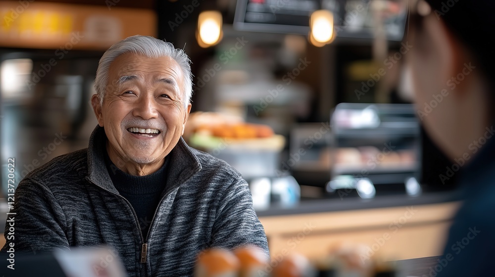 senior old Asian Japanese man smiling at a sushi restaurant senior old Asian Japanese man smiling at a sushi restaurant