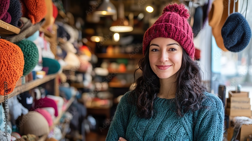 Obraz premium Caucasian woman wearing knitted hat at retro knitted hat shop