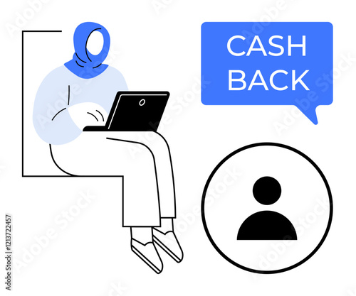Woman with blue headscarf using laptop, next to a CASH BACK notification. Ideal for online shopping, internet usage, financial savings, customer rewards, ecommerce, user profiles, digital