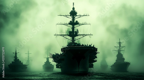 Ghost Fleet: A haunting image of warships shrouded in mist, a powerful display of naval strength and military might. photo