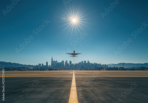 Airplane Landing Over Urban Skyline with Bright Sun and Clear Blue Sky, Showcasing Modern Cityscape and Aviation Technology in a Stunning Landscape