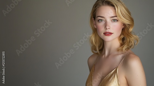 Full body shot of a beautiful blonde French woman wearing satin dress 