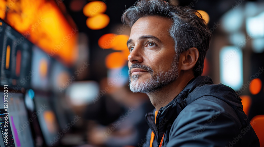 focused man with gray hair and beard, working on computer in modern office environment with orange lighting focused man with gray hair and beard, working on computer in modern office environment with orange lighting