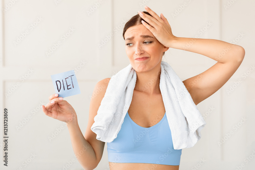 Dieting Choice. Puzzled Girl Holding Paper Card With Word Diet, Touching Head In Confusion Losing Weight At Home Dieting Choice. Puzzled Girl Holding Paper Card With Word Diet, Touching Head In Confusion Losing Weight At Home