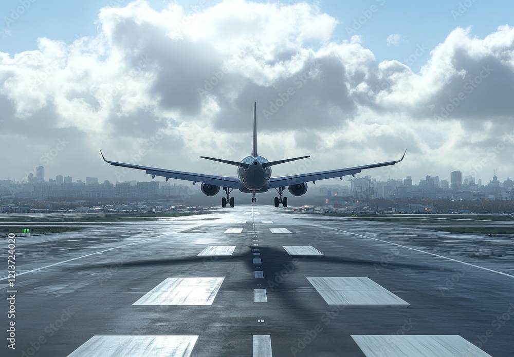 Airplane Taking Off from Runway with City Skyline in Background under Dramatic Cloudy Sky, Capturing the Essence of Travel and Adventure in Aviation Photography Airplane Taking Off from Runway with City Skyline in Background under Dramatic Cloudy Sky, Capturing the Essence of Travel and Adventure in Aviation Photography
