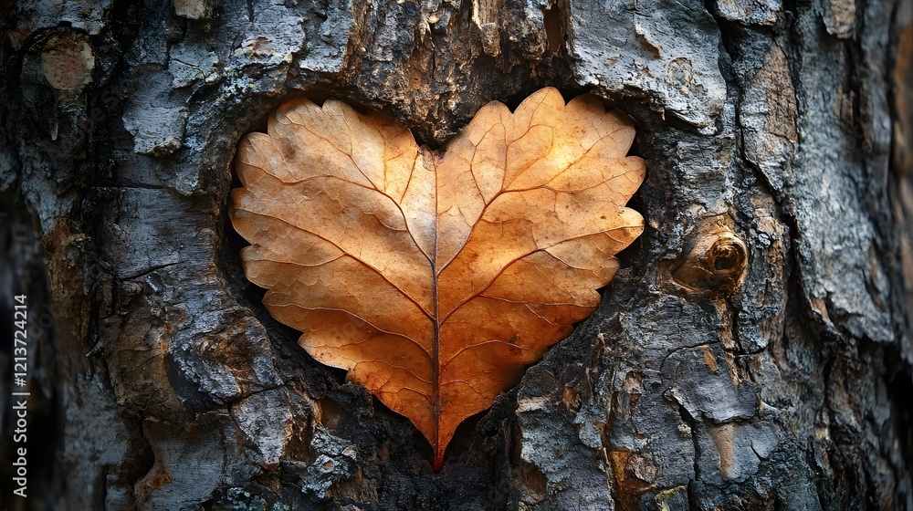 Autumnal Heart Shaped Leaf on Rustic Tree Bark Warm Natural Valentine s Backdrop Autumnal Heart Shaped Leaf on Rustic Tree Bark Warm Natural Valentine s Backdrop