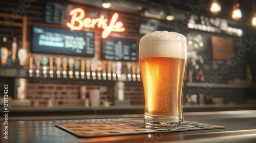 Craft Beer Pouring into Tulip Glass at Neon-lit Bar - Energetic and Modern Photorealistic Shot