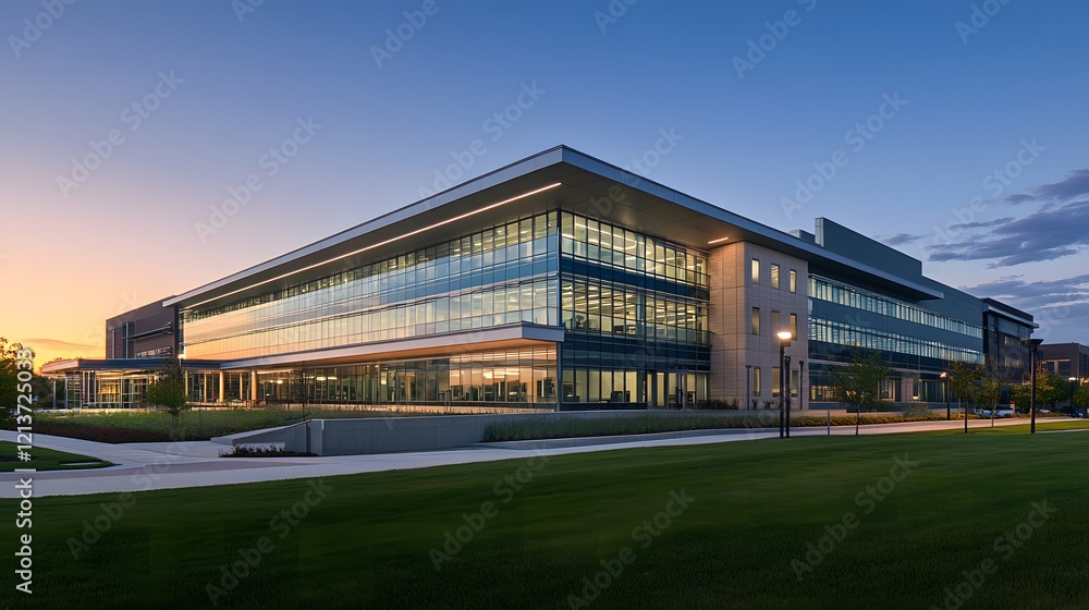 Office building glowing in golden dusk light, framed by urban skyline, evoking a sense of modern ambition and quiet reflection Office building glowing in golden dusk light, framed by urban skyline, evoking a sense of modern ambition and quiet reflection