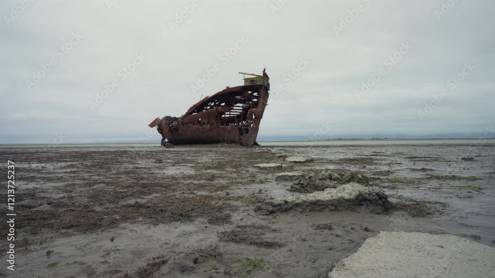 Motion lapse of a shipwreck with crabs exposed by the low tide near Motueka, Tasman New Zealand Motion lapse of a shipwreck with crabs exposed by the low tide near Motueka, Tasman New Zealand