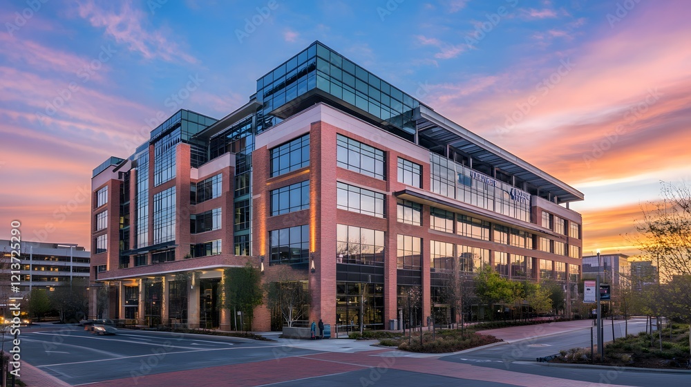 Office building glowing in golden dusk light, framed by urban skyline, evoking a sense of modern ambition and quiet reflection Office building glowing in golden dusk light, framed by urban skyline, evoking a sense of modern ambition and quiet reflection