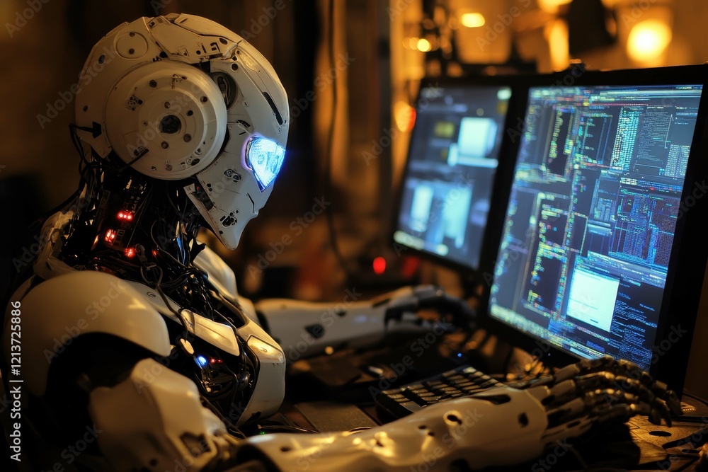 Obraz premium Advanced robot interacting with multiple computer screens in a dimly lit workspace