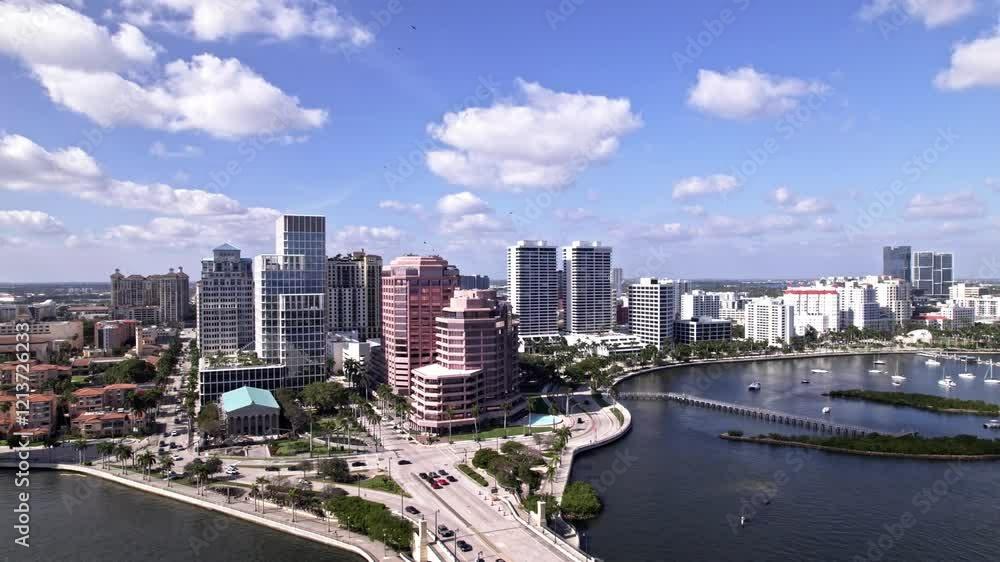 Establishing drone shot of One Flagler, Phillips Point Building and West Palm Beach cityscape in Florida, USA Establishing drone shot of One Flagler, Phillips Point Building and West Palm Beach cityscape in Florida, USA