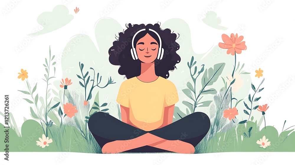 Peaceful Mind: Woman Meditating in a Flower Garden Peaceful Mind: Woman Meditating in a Flower Garden